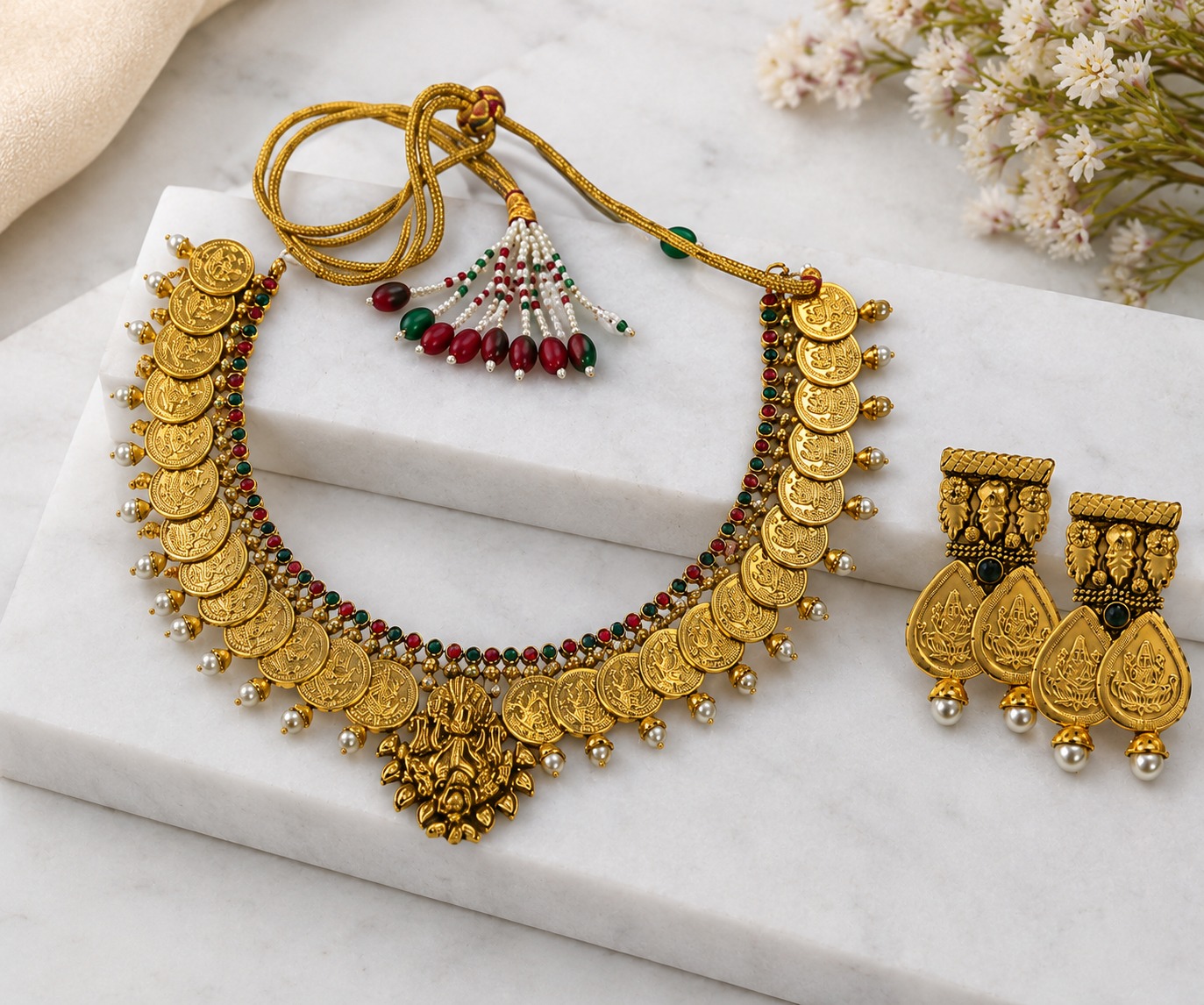 Traditional Antique Gold-Plated Lakshmi Coin Choker Necklace Set with Earrings